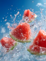 Slices of watermelon splashing into water with vibrant blue background