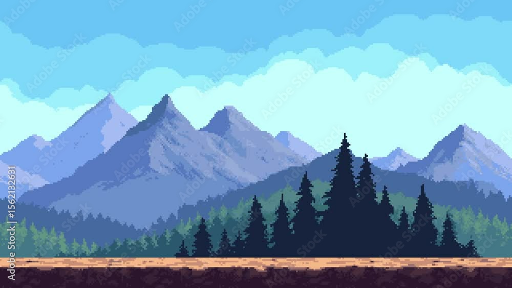 Poster Pixel art game level background animation with parallax effect showing distant mountains and forest.
