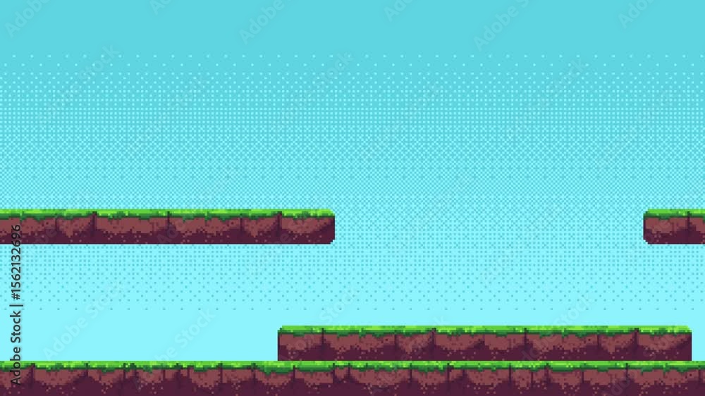 Poster Pixel art game level background with moving ground platforms for dynamic gameplay animation.