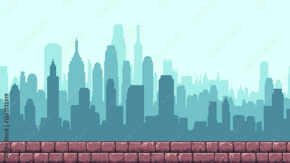 Poster Pixel art city skyline parallax scrolling background with brick platform for video game level animation.