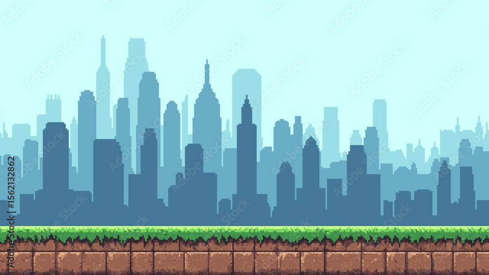 Aufkleber pixel art city skyline and ground level for game design. metropolis background for endless runner vi