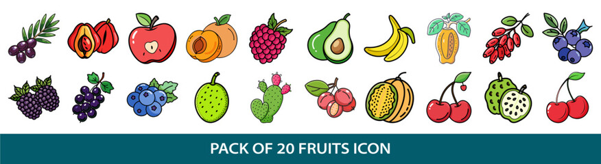 Colorful hand drawn assortment of diverse fruits in vector cartoon style