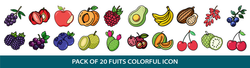 A delightful cartoon assortment of twenty different types of fruits