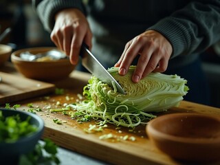 Fresh Cabbage Slicing, Warm Kitchen Scene