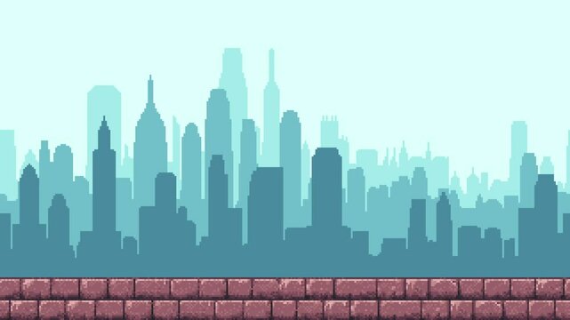 Pixel art city skyline parallax scrolling background with brick platform for video game level animation.