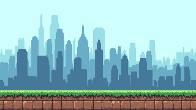 Pixel art city skyline and ground level for game design. Metropolis background for endless runner video game animation.