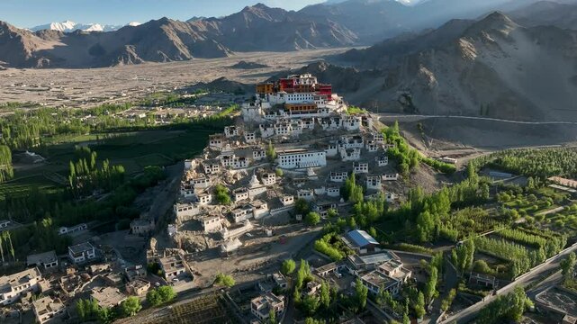 Aerial view of Thiksey Monastery on a hill, India.