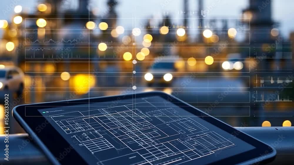 Poster industrial tablet display with technical diagrams.