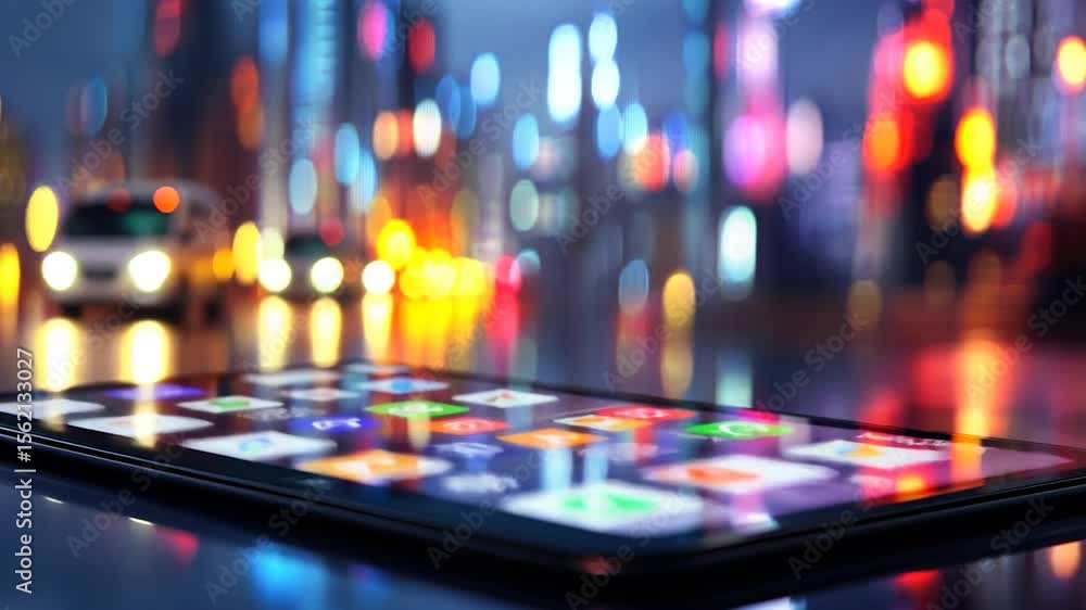 Poster tablet computer with colorful graphic interface against a blurred city night background.