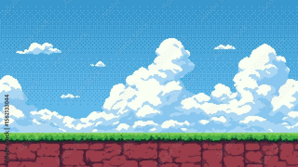 Poster pixel art game level background with moving clouds and sky above grass platform and red rock, infini