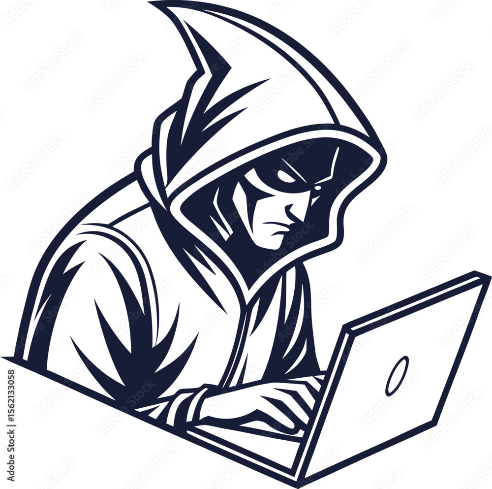 Fototapete Mysterious hooded figure with glowing eyes symbolizing stealth and digital intrusion rendered in vibrant vector graphics with a futuristic cyberpunk aesthetic