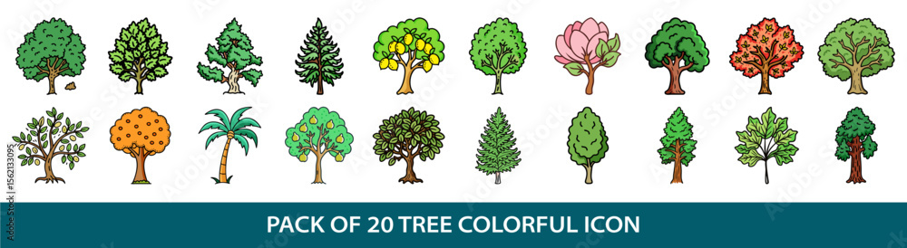 Poster collection of twenty distinct and colorful tree icons with various foliage styles