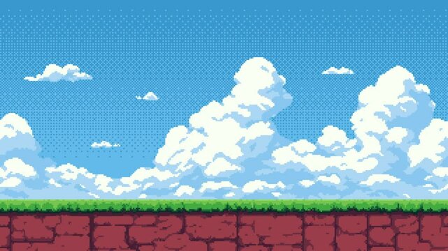 Pixel art game level background with moving clouds and sky above grass platform and red rock, infinite scrolling animation.