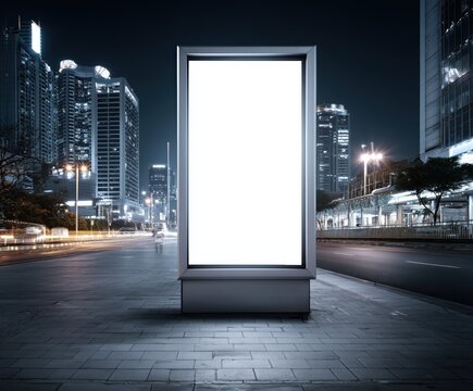 Blank billboard mockup for advertising design, isolated white display in urban city background, day and night scenes, high-resolution commercial layout for branding or promotional content, Generative 