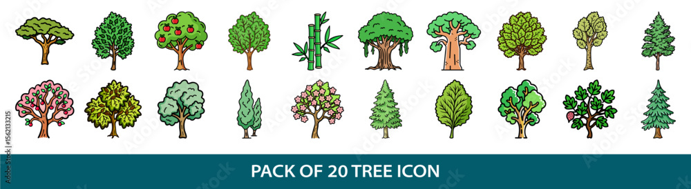 Poster a diverse collection of twenty cartoon tree icons in vector format