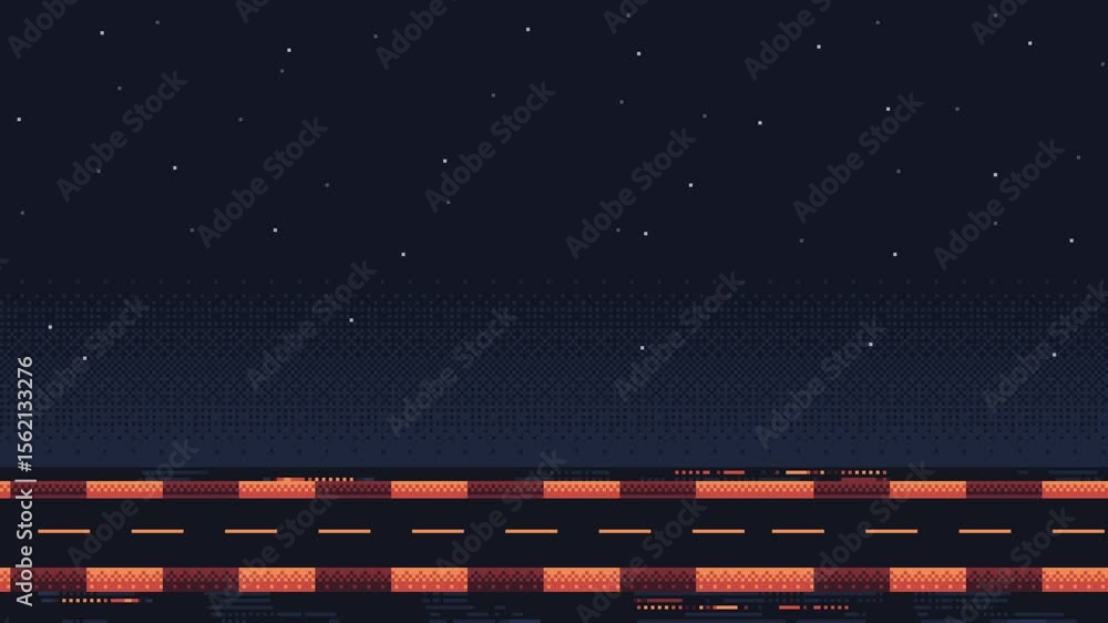 Poster dynamic pixel art game level background featuring a road and starry night sky animation.
