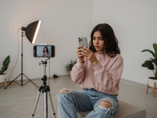 Young Woman Creating Social Media Video Content at Home Studio