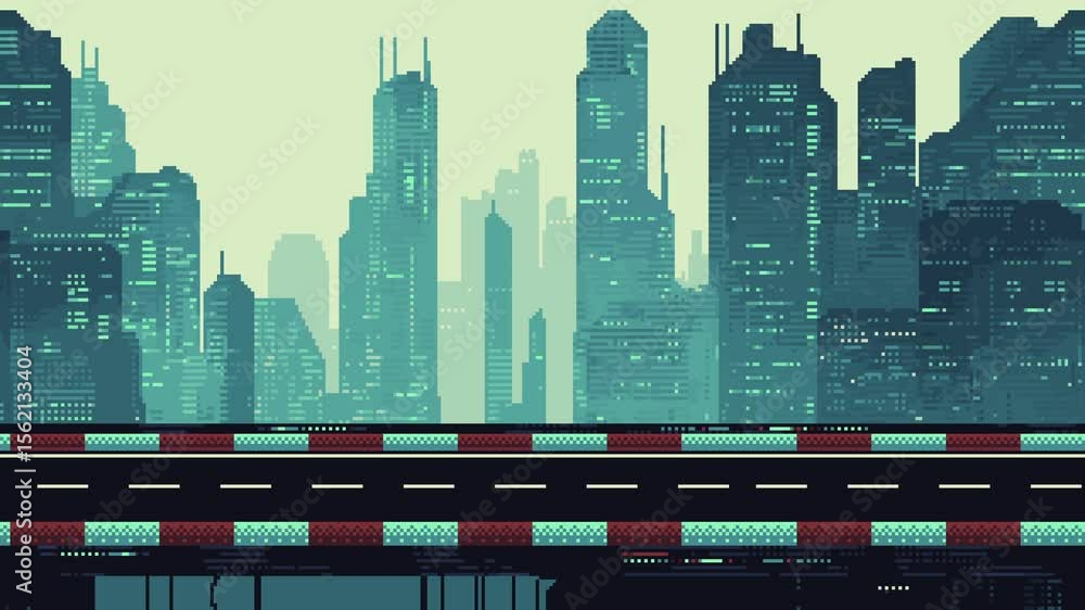 Poster pixel art city skyline with road foreground animation, cyberpunk metropolis game level background fo