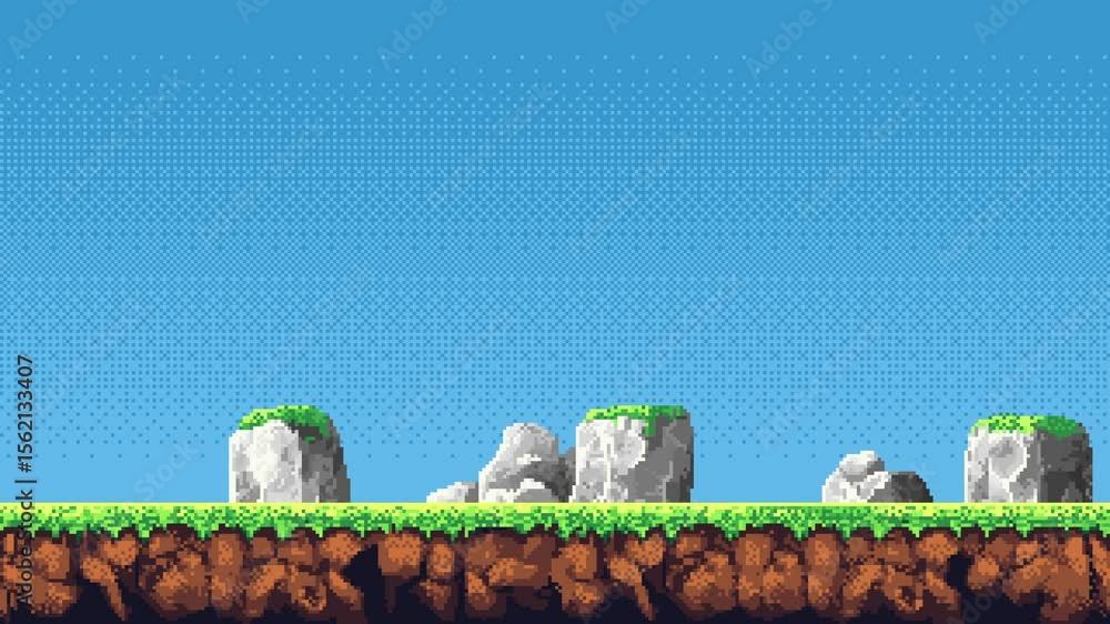 Poster side scrolling outdoor pixel art game level background animation with ground, grass, rocks, and blue