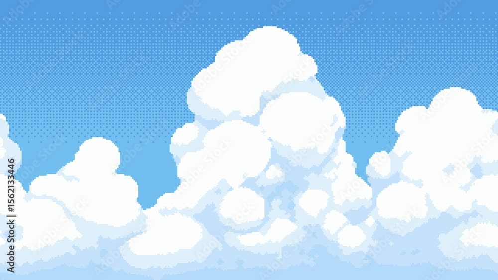 Aufkleber Pixel art game level background with moving sky and white clouds animation.