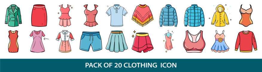 Set of twenty cartoon style clothing item icons for fashion design © MdGolamRabby