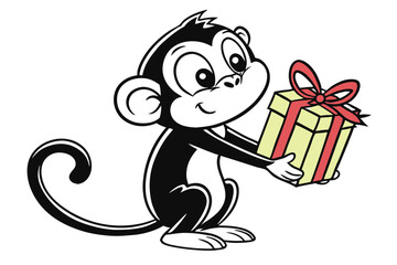 Cartoon monkey gently holds a present wrapped with a red bow in its white hands