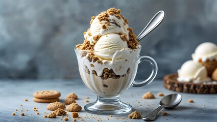 Glass dessert cup with cookie crumble ice cream sundae