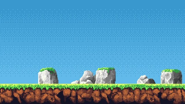Side scrolling outdoor pixel art game level background animation with ground, grass, rocks, and blue sky.