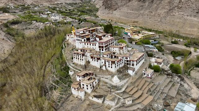 Aerial view of Diskit Monastery, Ladakh, India.
