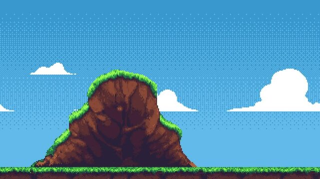 Pixelated game landscape with moving clouds and green grass, retro 2d video game level background animation.