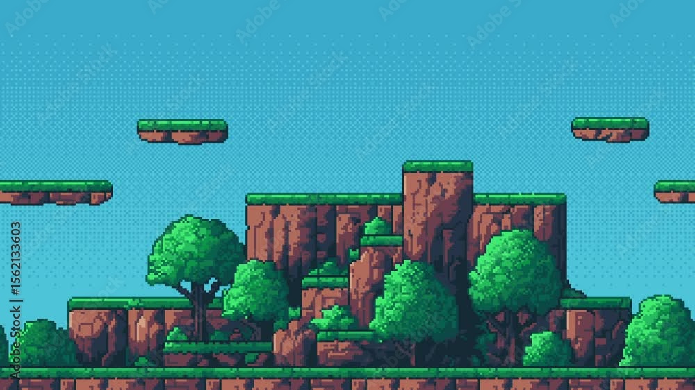 Poster Pixel art game level background animation with a blue sky and floating platforms above green vegetation and brown rocks.