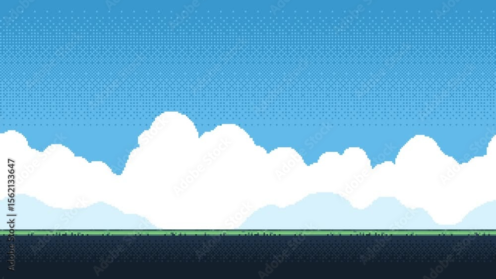 Poster pixel art game level background animation of clouds moving across a blue sky above a green ground, g