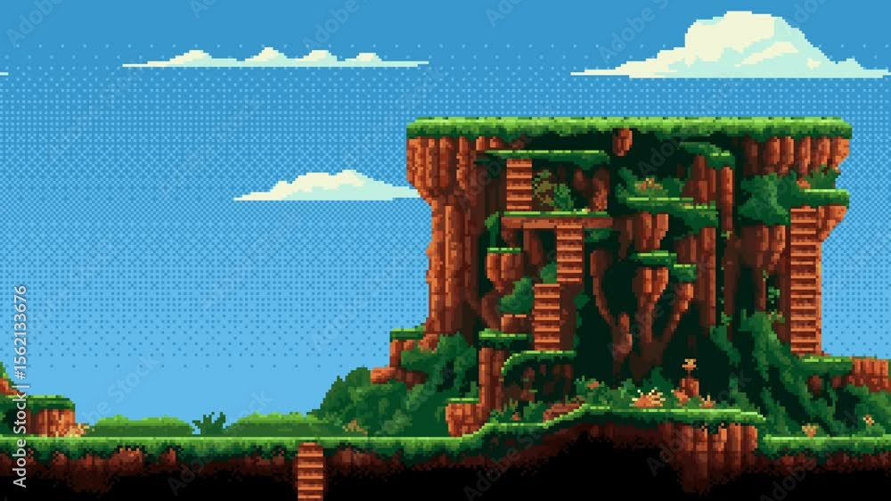 Aufkleber Pixel art tropical island game level background animation with floating clouds