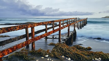 Rusty pier extending into the ocean with waves crashing, seaweed and shells on the shore - Powered by Adobe