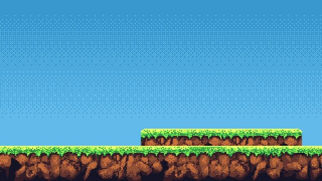 Moving pixel art game level background with green grass and brown dirt platforms on a blue sky, animation footage.