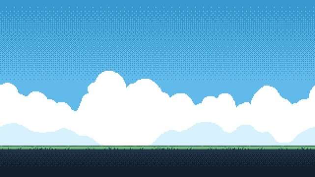 Pixel art game level background animation of clouds moving across a blue sky above a green ground, game environment footage.