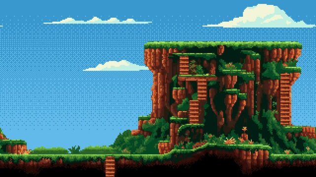 Pixel art tropical island game level background animation with floating clouds