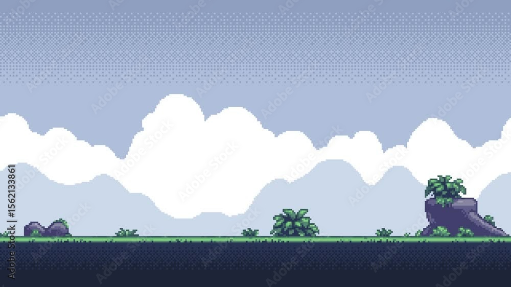 Aufkleber Pixel art game level background animation with moving clouds and varying ground elements footage