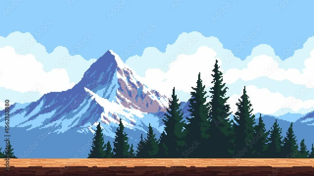 Poster pixel art mountain landscape with snowy peaks, pine trees, and moving clouds for game level backgrou