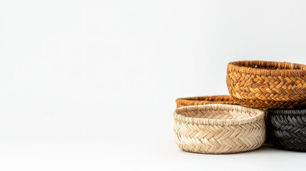 Fototapeta premium Woven baskets in various colors stacked together, showcasing craftsmanship and natural materials, perfect for home decor or storage solutions