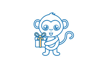 Charming blue monkey presents a beautifully wrapped gift with a yellow ribbon cheerfully