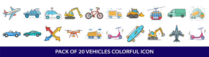 Collection of colorful cartoon style vehicle icons featuring a variety of transport