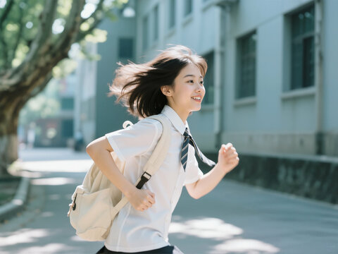 A joyful Asian schoolgirl, with a backpack, runs happily down a tree-lined campus path, bathed in warm sunlight.
