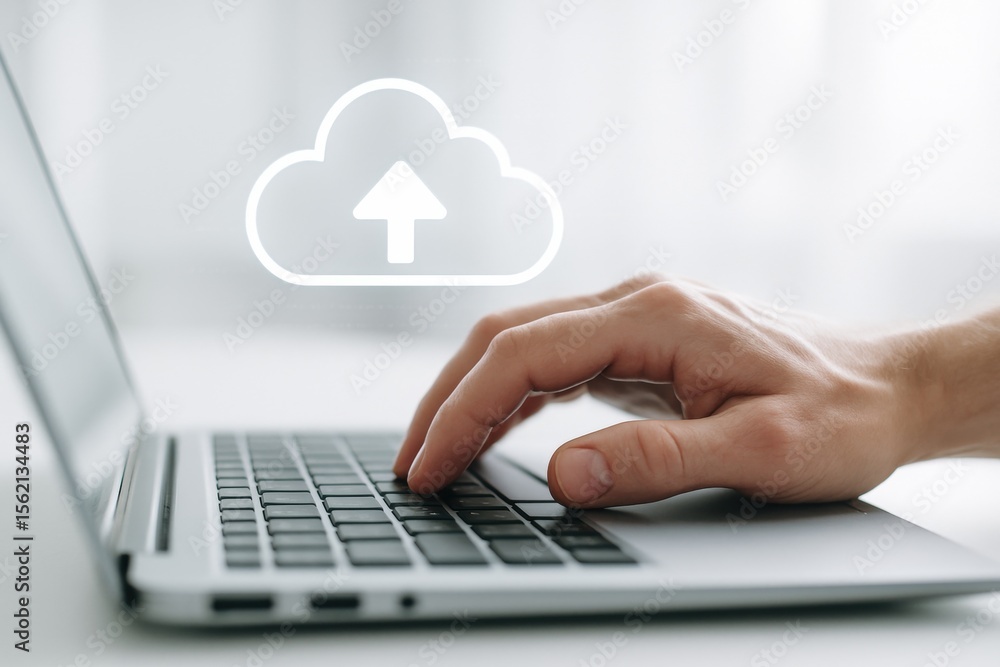 Fototapete Cloud Data Upload: A person uses a modern laptop, uploading data to the cloud with a digital symbol of the same displayed, highlighting technological advancements.