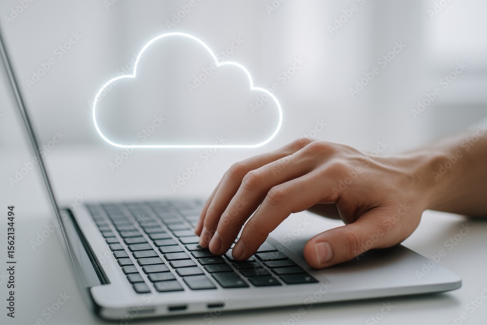 Poster cloud computing: a person interacts with cloud storage, symbolizing seamless data accessibility, sec