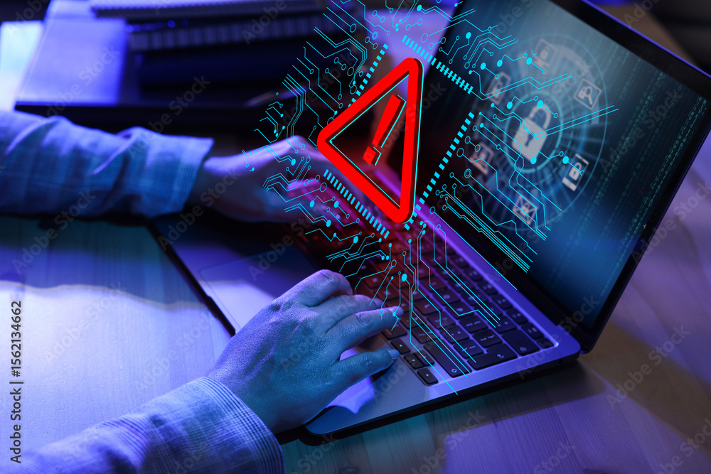 Poster cyber attack alert notification. red warning sign and circuit board on virtual screen. woman using l