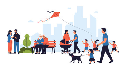 Diverse families enjoying a sunny day in a city park flying a kite and strolling with a dog