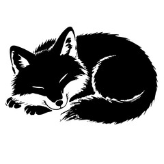 Sleeping Fox Silhouette, Black and White Vector Illustration