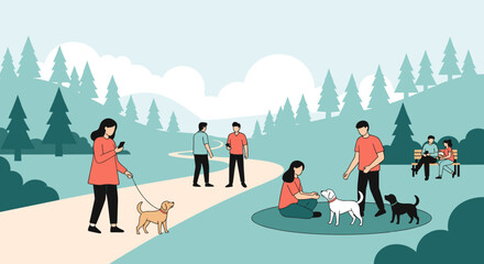 Diverse group of people enjoying a sunny day walking their dogs in a beautiful park with lush green trees and a winding path promoting outdoor activities and community connection