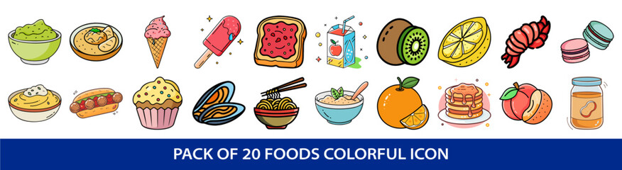 Pack of Colorful Cartoon Food Icons Featuring a Variety of Delicious Dishes